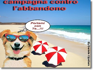 locandina della campagna con un cane in primo piano su di una spiaggia, con occhiali da sole e ombrelloni bianchi e rossi sullo sfondo