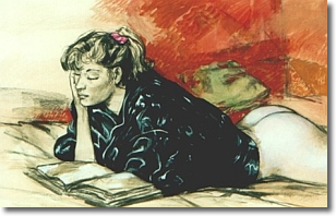 un dipinto dell'artista raffigurante una donna seminuda che legge distesa su un letto