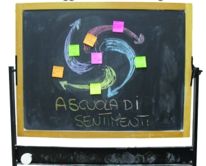 una lavagna con scritto "a scuola sentimenti"