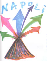 disegno dell'artista lello esposito raffigurante un vulcano dal quale fuoriescono frecce colorate e la scritta napoli 