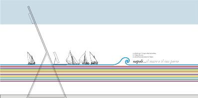 profilo di un totem espositivo con alcune barche a vela in lontananza. è leggibile il testo napoli ... il mare e il suo porto