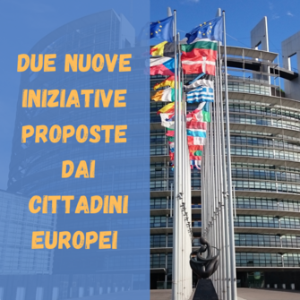 banner con scritta due iniziative proposte dai cittadini europei con sullo sfondo un palazzo sede istituzionale ue 