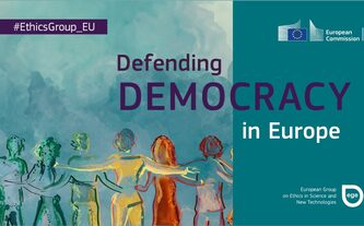 Particolare della copertina della pubblicazione dell'EGE "Defendig Democracy in Europe" raffigurante un disegno di persone stilizzate di spalle che si abbracciano